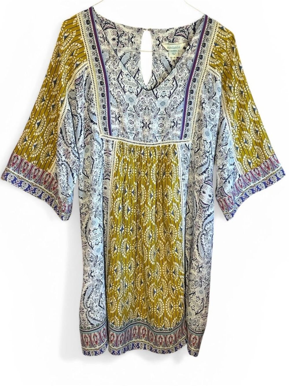 Sundance Terraza Dress in Blue and Gold Floral Print 3/4 Sleeves Medium - Picture 3 of 11